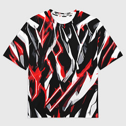 Женская футболка оверсайз Красно-белые агрессивные полосы на чёрном фоне