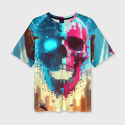 Женская футболка оверсайз Cool vanguard neon cyber skull - ai art