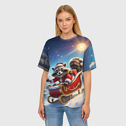 Футболка оверсайз женская Енот на санях, цвет: 3D-принт — фото 2