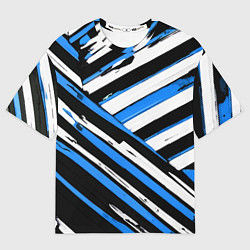Футболка оверсайз женская Бело-синие диагональные полосы на чёрном фоне, цвет: 3D-принт