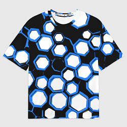 Футболка оверсайз женская Бело-синие шестиугольники на чёрном фоне, цвет: 3D-принт