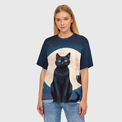 Футболка оверсайз женская Кот с вином под луной, цвет: 3D-принт — фото 2