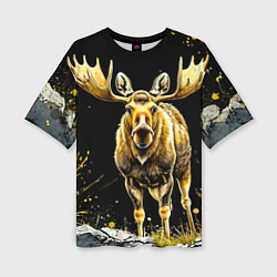Футболка оверсайз женская Лось на черном, цвет: 3D-принт