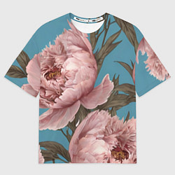 Футболка оверсайз женская Розовые пионы на голубом, цвет: 3D-принт