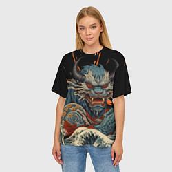 Футболка оверсайз женская Японский дракон и волны в стиле тату ирезуми, цвет: 3D-принт — фото 2