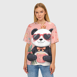 Футболка оверсайз женская Панда с поздравлениями и с цветами, цвет: 3D-принт — фото 2