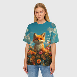 Футболка оверсайз женская Лисица в цветочном поле, цвет: 3D-принт — фото 2