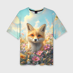 Женская футболка оверсайз Лиса в цветочном поле
