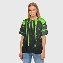 Футболка оверсайз женская Зеленая краска стекающая на черном фоне, цвет: 3D-принт — фото 2