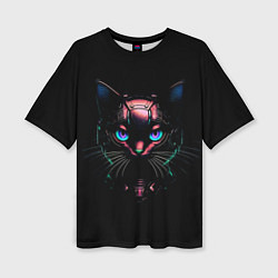 Женская футболка оверсайз Cyber cat неоновые глаза