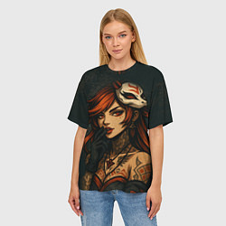 Футболка оверсайз женская Рыжая девушка с маской лисы дерзкий стиль, цвет: 3D-принт — фото 2