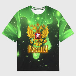 Женская футболка оверсайз Герб России - неоновый фон