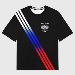 Футболка оверсайз женская Герб и полосы с цветами флага России на чёрном, цвет: 3D-принт