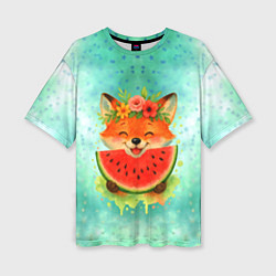 Футболка оверсайз женская Веселая лисичка ест арбуз, цвет: 3D-принт