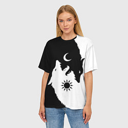Футболка оверсайз женская Мистические волки дня и ночи инь-янь, цвет: 3D-принт — фото 2