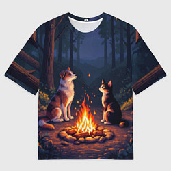 Футболка оверсайз женская Пёс и кот возле костра - пиксель арт, цвет: 3D-принт
