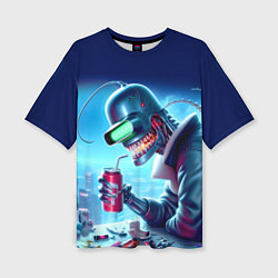 Футболка оверсайз женская Кибер Бендер пьёт лимонад - неоновое свечение, цвет: 3D-принт