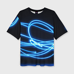 Футболка оверсайз женская Неоновые голубые волны на черном фоне, цвет: 3D-принт