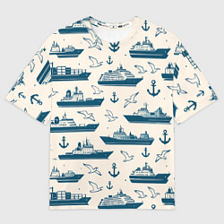 Футболка оверсайз женская Морской паттерн из чаек, якорей и кораблей, цвет: 3D-принт