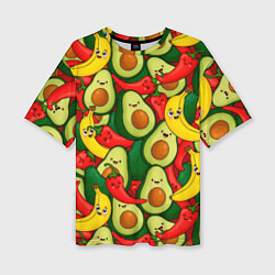 Футболка оверсайз женская Авокадо, бананы, перцы чили улыбаются - паттерн фр, цвет: 3D-принт