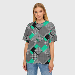 Футболка оверсайз женская Черно бирюзовая абстрактная геометрия пэчворк, цвет: 3D-принт — фото 2