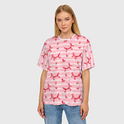 Футболка оверсайз женская Красные шарики-собачки на розовых полосках, цвет: 3D-принт — фото 2