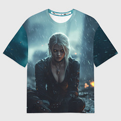 Женская футболка оверсайз Цири сидит под дождем