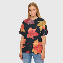 Футболка оверсайз женская Кленовые листья на черном - акварельный паттерн, цвет: 3D-принт — фото 2