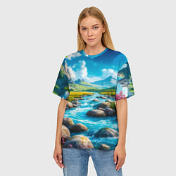 Футболка оверсайз женская Пейзаж художественный горы речка камни, цвет: 3D-принт — фото 2