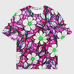 Женская футболка оверсайз Цветочный розовый витраж
