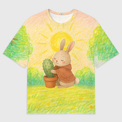 Женская футболка оверсайз Заяц обнимает кактус