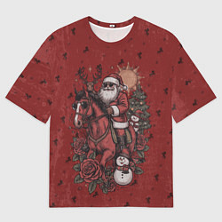 Женская футболка оверсайз Санта Клаус на красном коне верхом