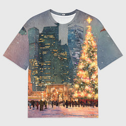 Женская футболка оверсайз Москва - сити и новогодняя елка