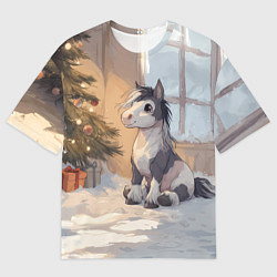 Женская футболка оверсайз Лошадка у елки