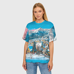 Футболка оверсайз женская Новогодняя деревушка в горах, цвет: 3D-принт — фото 2