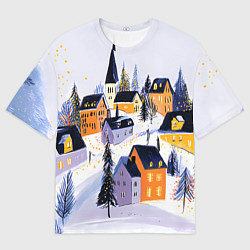 Женская футболка оверсайз Новогодние домики на горе