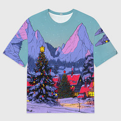 Женская футболка оверсайз Новогодние елки в горном городке
