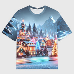 Женская футболка оверсайз Городок в новогодних огоньках