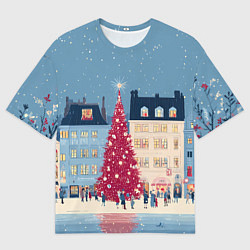 Женская футболка оверсайз Новогоднее гуляние у красной елки