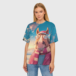 Футболка оверсайз женская Новогодняя лошадь в очках, цвет: 3D-принт — фото 2