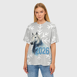 Футболка оверсайз женская Лошадь на фоне снижинок 2026, цвет: 3D-принт — фото 2