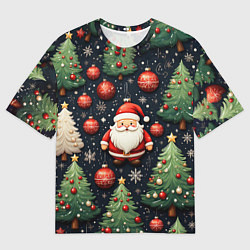 Женская футболка оверсайз Новый год паттерн Дед мороз