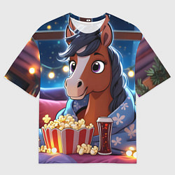 Женская футболка оверсайз Новогодняя лошадка с попкорном