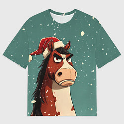 Женская футболка оверсайз Новогодняя лошадь на фоне снегопада