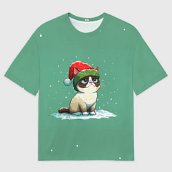 Женская футболка оверсайз Новогодний мем котик