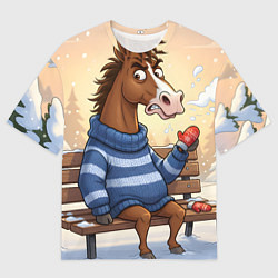 Футболка оверсайз женская Конь на лавочке, цвет: 3D-принт