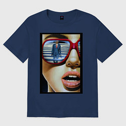 Футболка оверсайз женская Девушка в очках, цвет: тёмно-синий