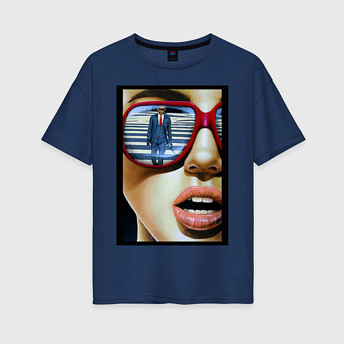 Женская футболка оверсайз Девушка в очках / Тёмно-синий – фото 1