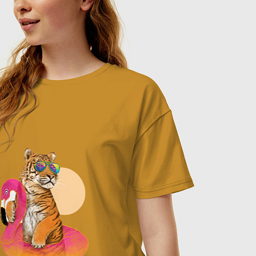 Женская футболка оверсайз Тигр на фламинго / Горчичный – фото 3
