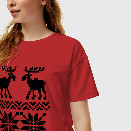 Женская футболка оверсайз Узор с оленями / Красный – фото 3